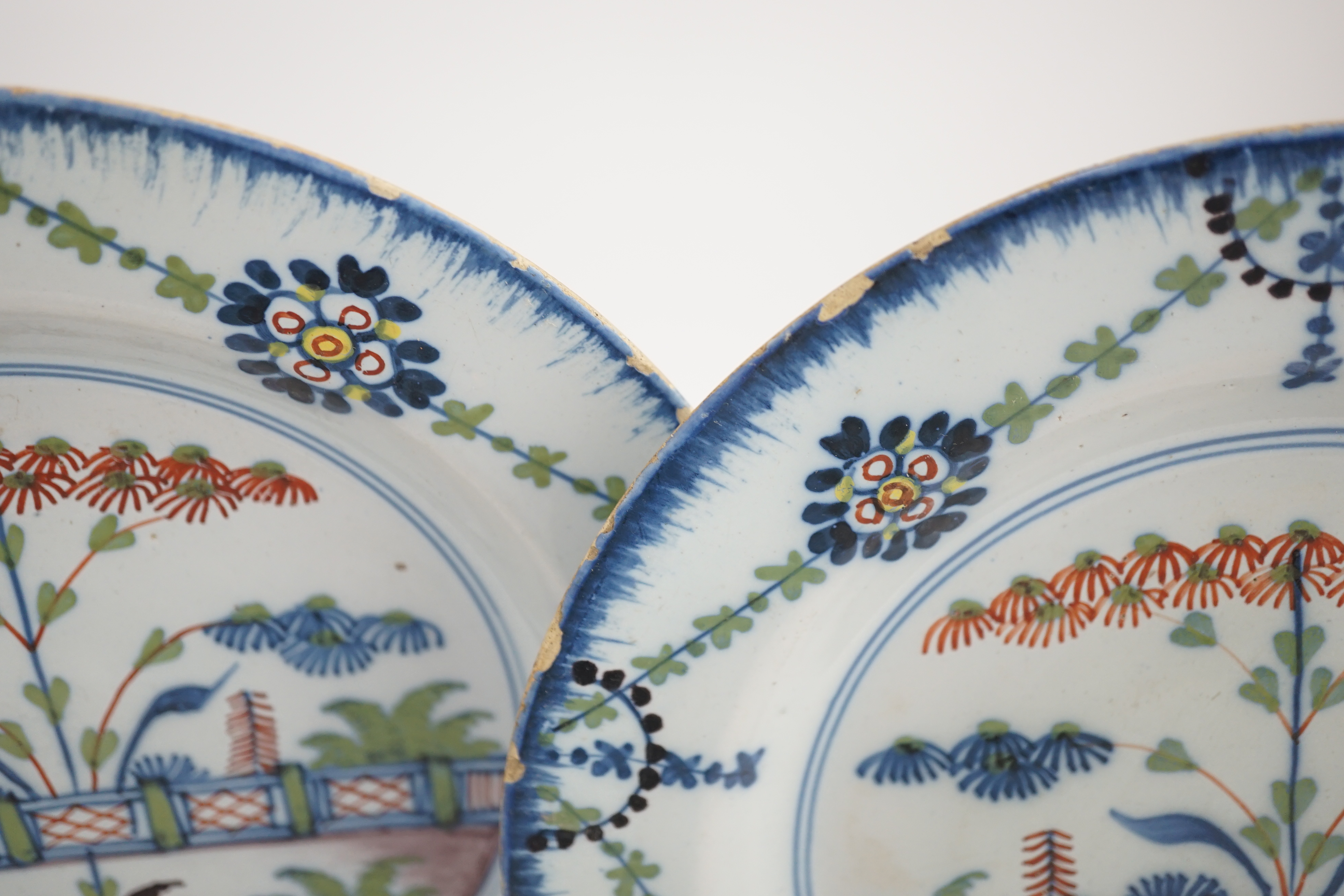 A set of six London delftware polychrome plates, late 18th century